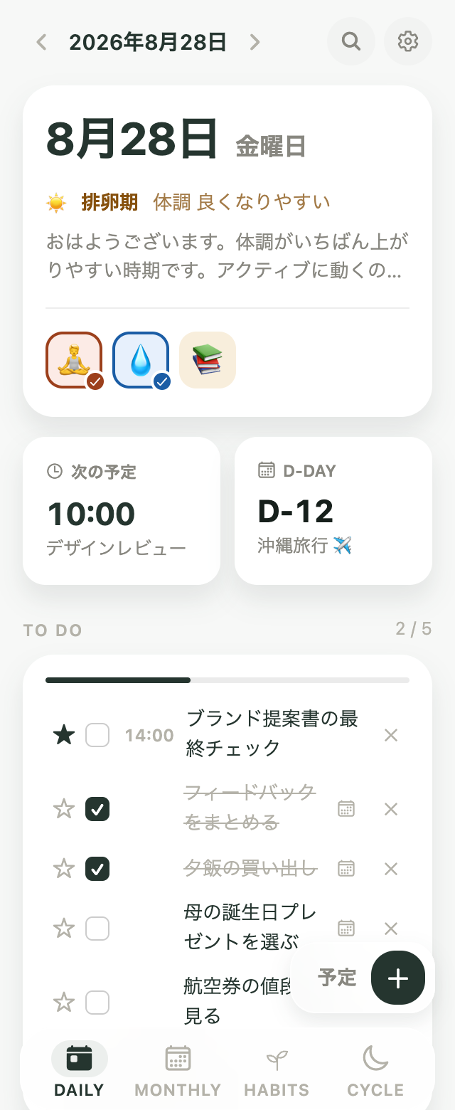今日の周期と予定・ToDo・習慣が一緒に見えるDaily画面