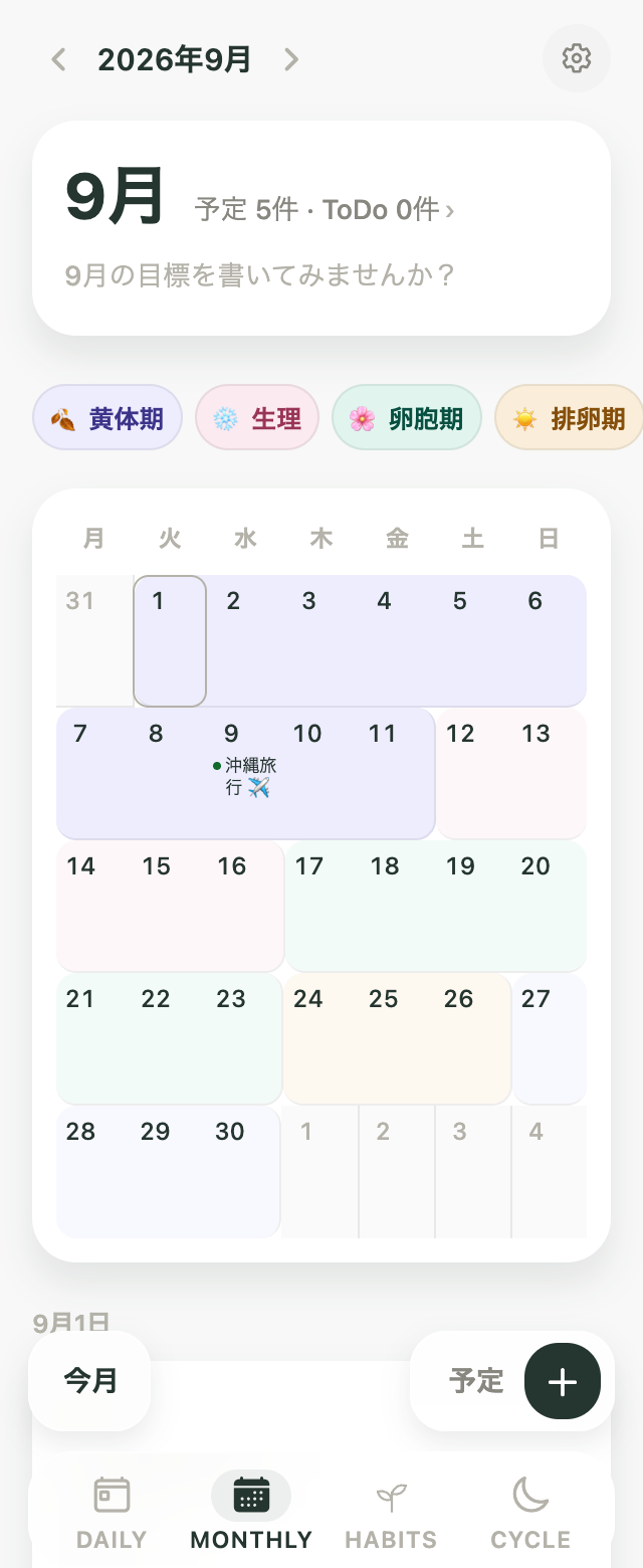 来月の予測周期と予定が一緒に表示されたMonthly画面
